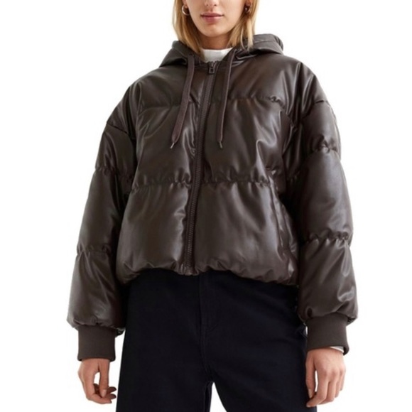 H\u0026M Jackets \u0026 Coats | H\u0026M Chocolate Brown Boxy Hooded Faux Leather Puffer Cropped Jacket Small | Color: Brown | Size: S | Marixcloset's Closet